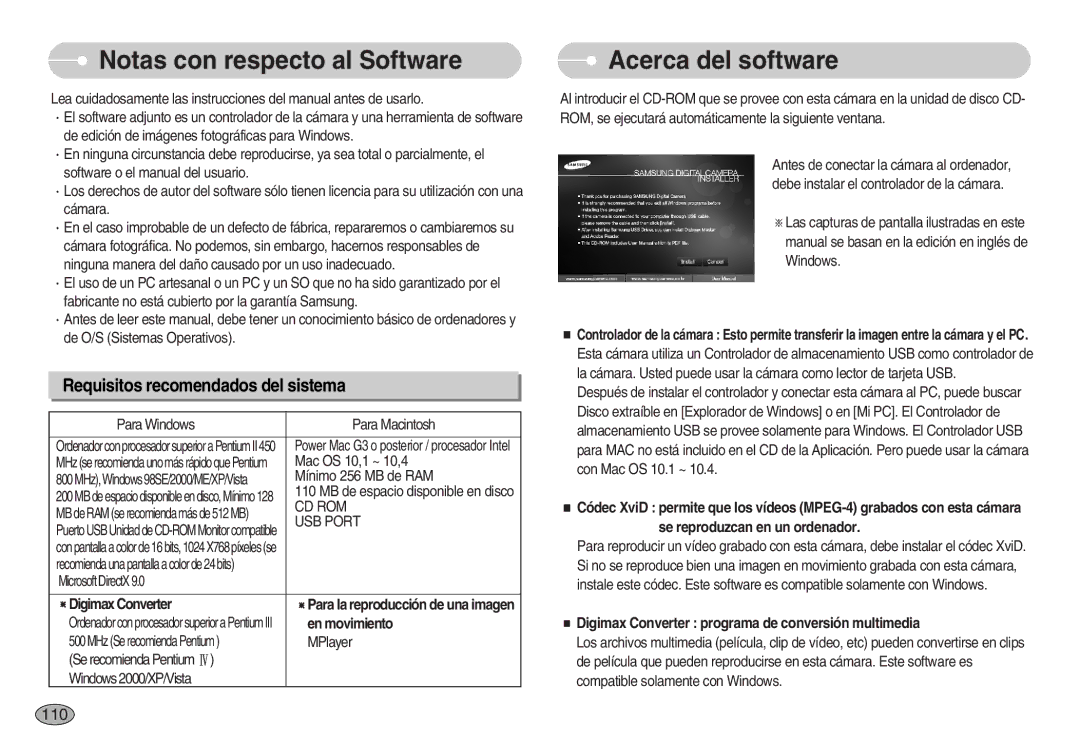 Samsung EC-I7ZZZBBD/AS, EC-I7ZZZBBA/DE manual Notas con respecto al Software, Acerca del software, 110, Cd Rom, USB Port 