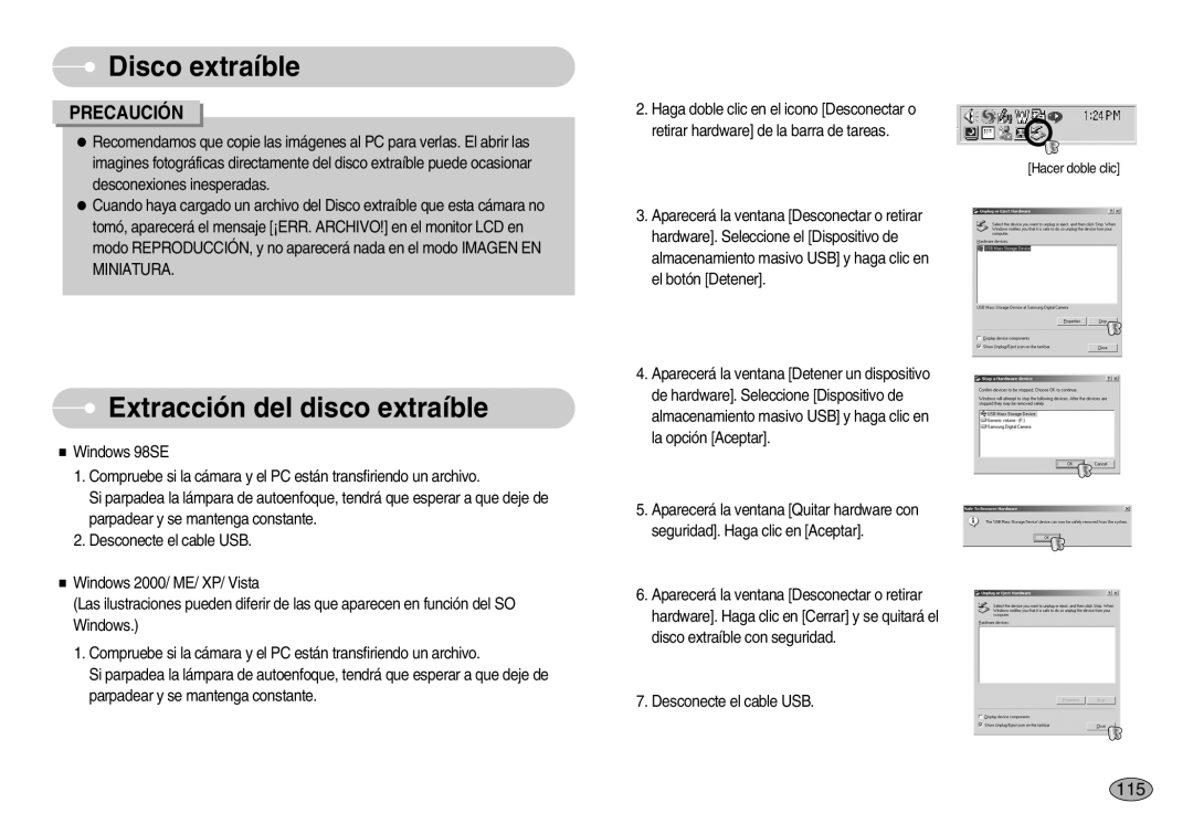 Samsung EC-I7ZZZBBA/SP, EC-I7ZZZBBA/DE, EC-I7ZZZSBB/DE, EC-I7ZZZBBC/E1, EC-I7ZZZSBE/SP Extracción del disco extraíble, 115 