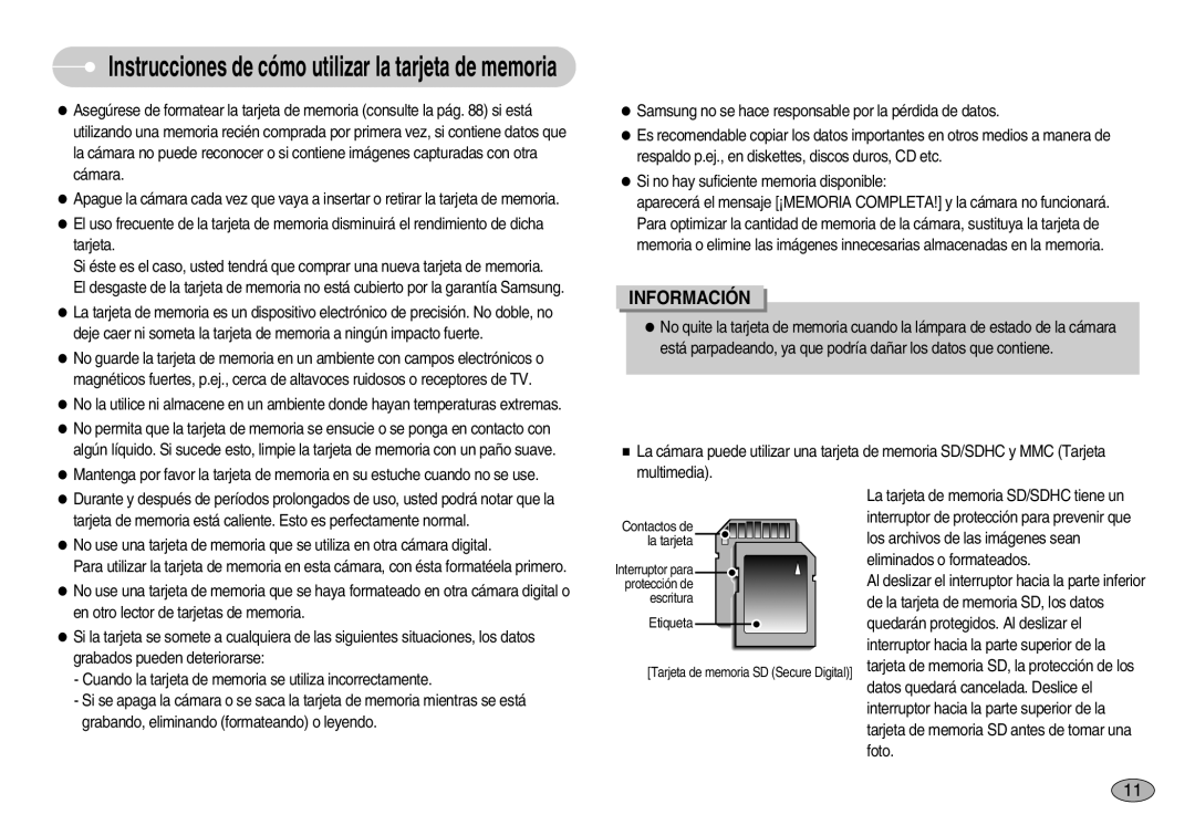 Samsung EC-I7ZZZSBA/SP, EC-I7ZZZBBA/DE, EC-I7ZZZSBB/DE, EC-I7ZZZBBC/E1 Instrucciones de cómo utilizar la tarjeta de memoria 