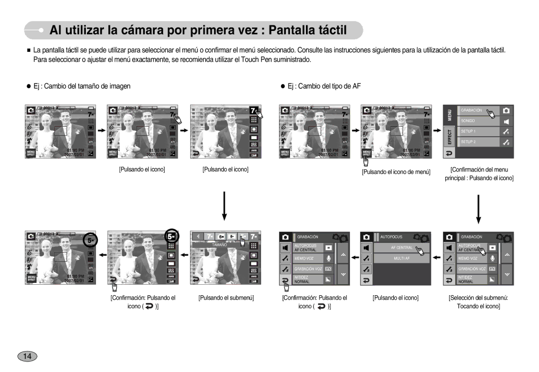 Samsung EC-I7ZZZBBA/DE Al utilizar la cámara por primera vez Pantalla táctil, Pulsando el icono Pulsando el icono de menú 