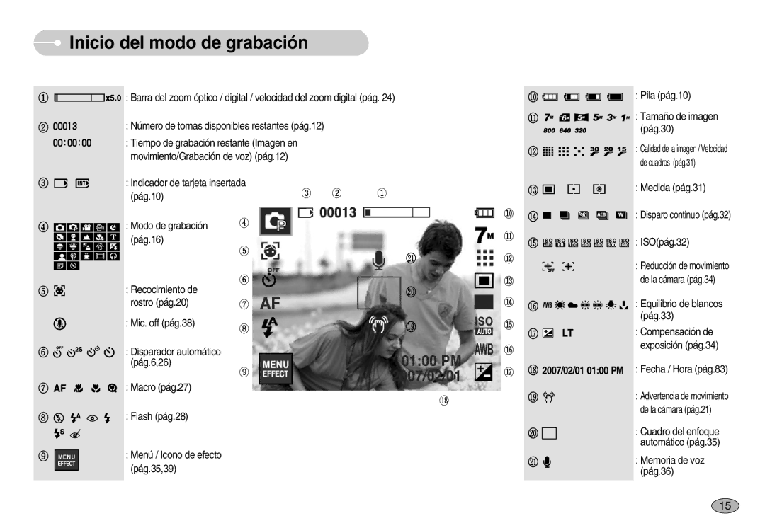 Samsung EC-I7ZZZSBB/DE manual Inicio del modo de grabación, Pila pág.10 Tamaño de imagen pág.30, Medida pág.31, ISOpág.32 