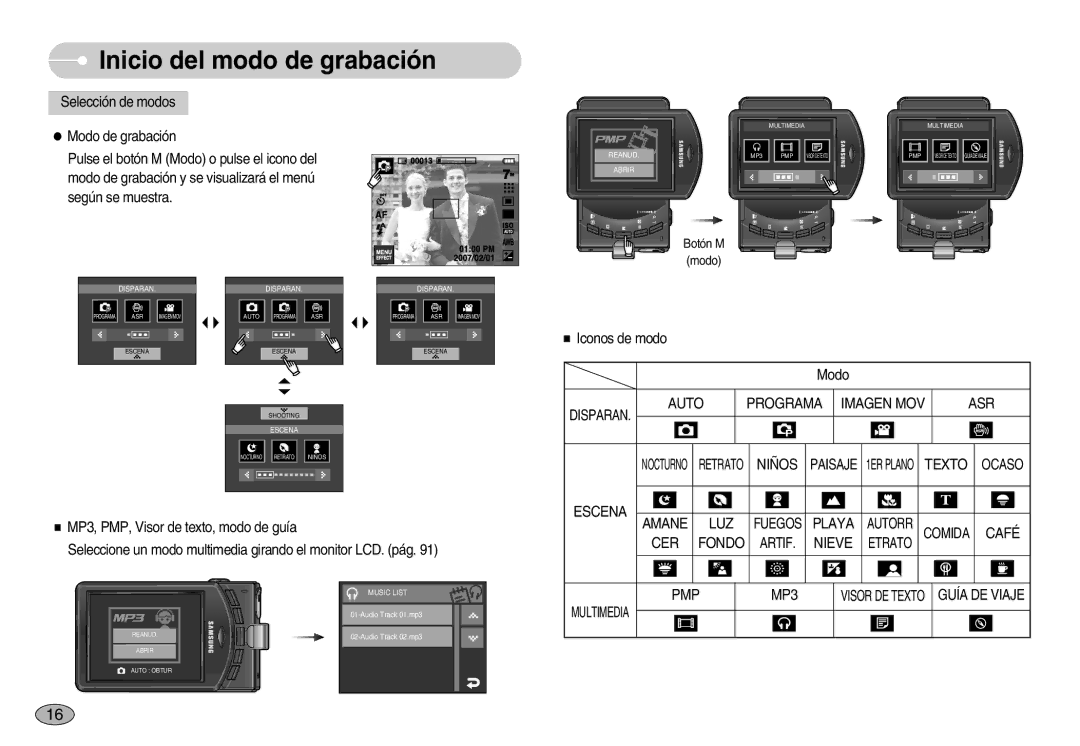 Samsung EC-I7ZZZBBC/E1 manual Auto Programa Imagen MOV ASR, Niños, Texto, Escena LUZ, Playa, Amane CER Fondo, Nieve, Café 