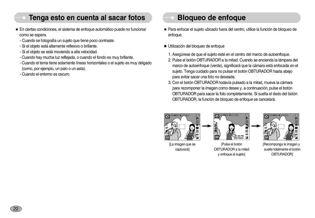 Samsung EC-I7ZZZSBD/AS, EC-I7ZZZBBA/DE, EC-I7ZZZSBB/DE, EC-I7ZZZBBC/E1, EC-I7ZZZSBE/SP, EC-I7ZZZSBB/PT manual Bloqueo de enfoque 