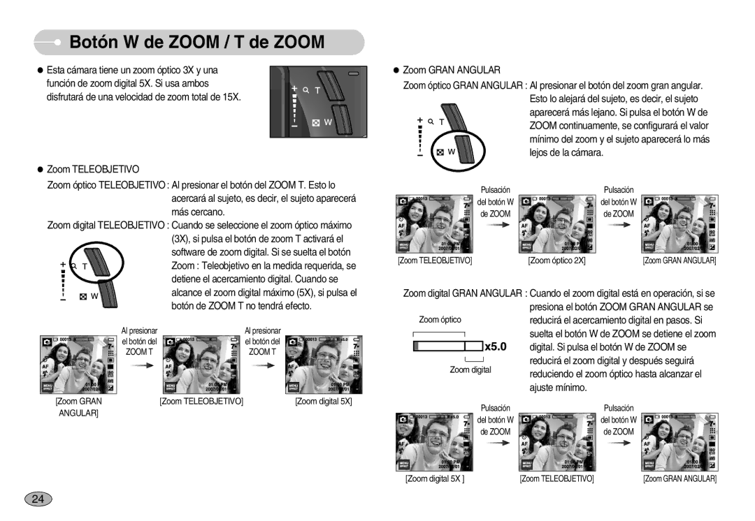 Samsung EC-I7ZZZSBD/E1, EC-I7ZZZBBA/DE manual Botón W de Zoom / T de Zoom, Alcance el zoom digital máximo 5X, si pulsa el 