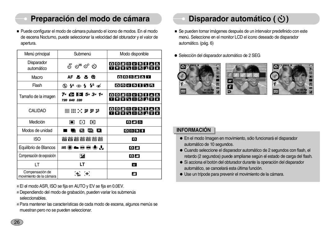 Samsung EC-I7ZZZSBA/SP manual Preparación del modo de cámara, Disparador automático, Calidad, Medición Modos de unidad 