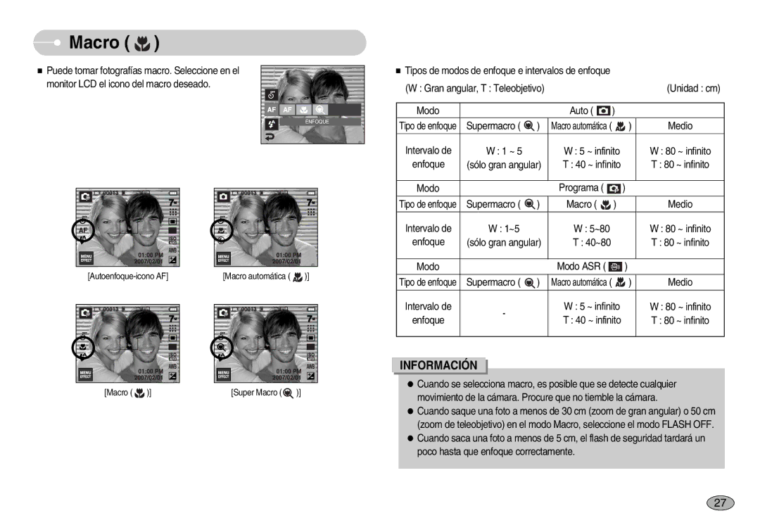 Samsung EC-I7ZZZBBD/SP manual Macro, Supermacro, Medio, Intervalo de ~ infinito 80 ~ infinito Enfoque 40 ~ infinito 