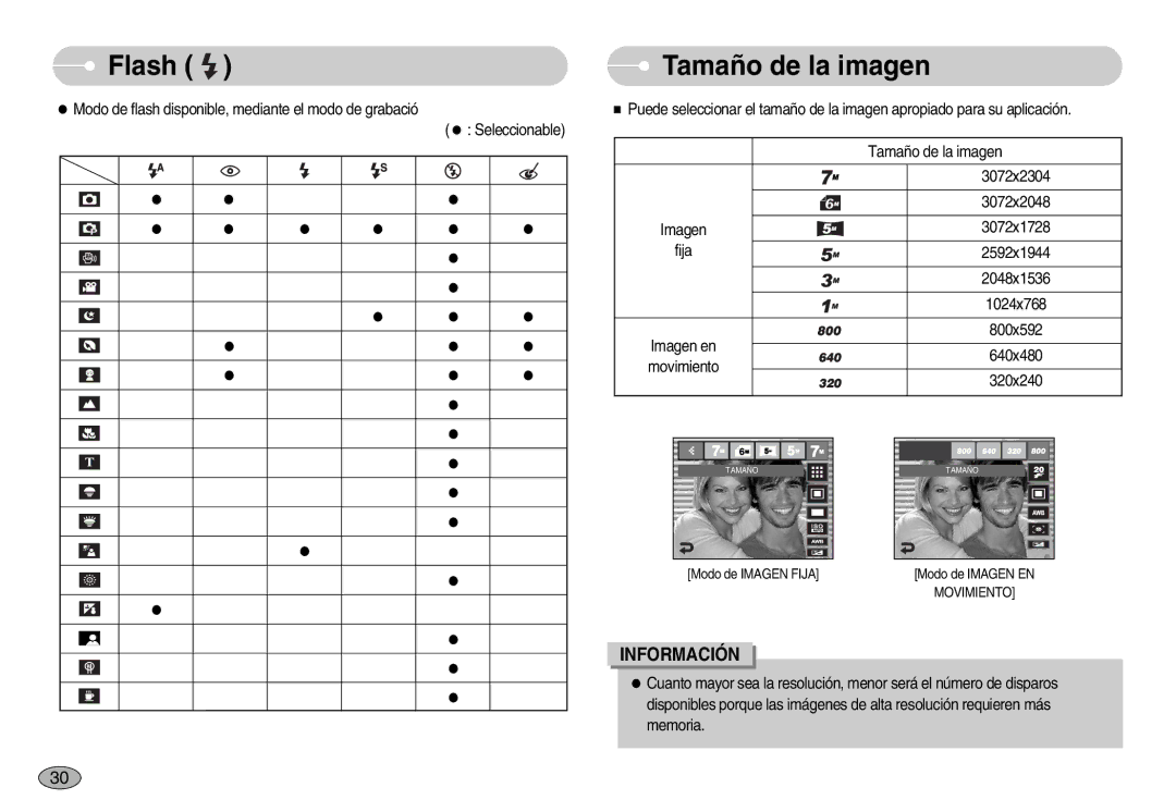 Samsung EC-I7ZZZSBB/DE, EC-I7ZZZBBA/DE, EC-I7ZZZBBC/E1, EC-I7ZZZSBE/SP, EC-I7ZZZSBB/PT manual Flash Tamaño de la imagen 