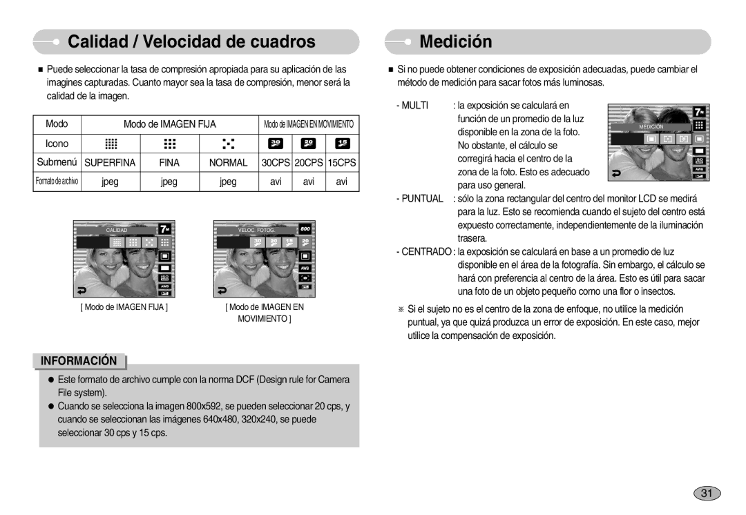 Samsung EC-I7ZZZBBC/E1 Calidad / Velocidad de cuadros, Medición, Superfina Fina Normal 30CPS 20CPS 15CPS, Multi, Puntual 