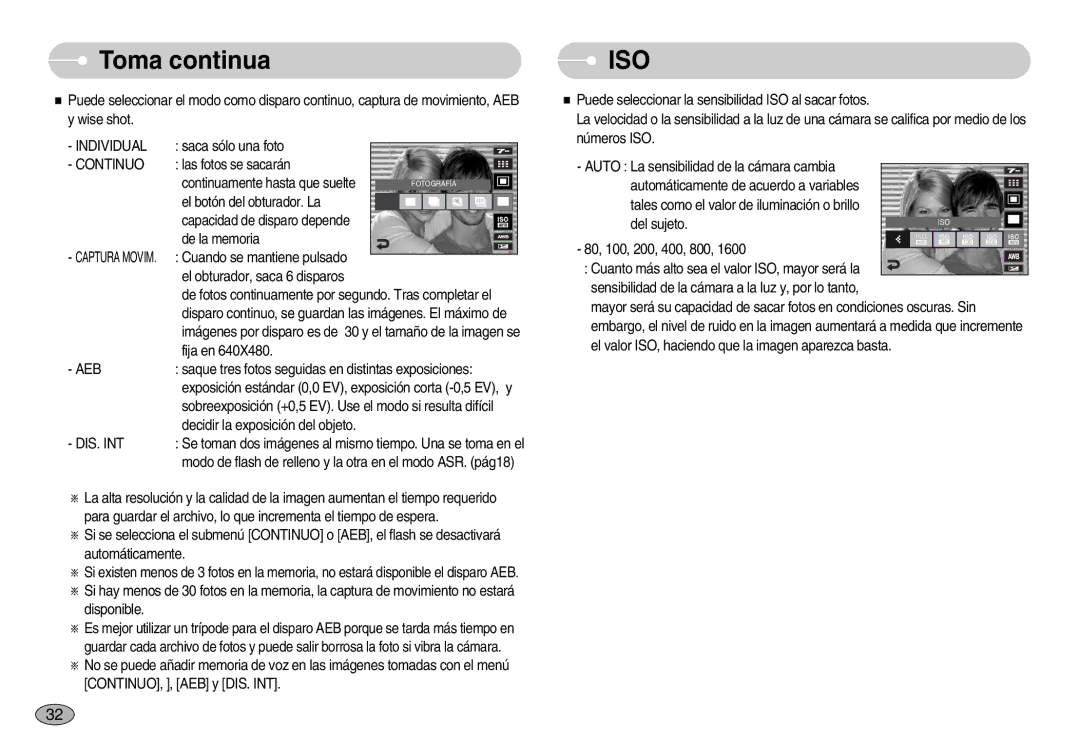 Samsung EC-I7ZZZSBE/SP, EC-I7ZZZBBA/DE, EC-I7ZZZSBB/DE, EC-I7ZZZBBC/E1 manual Toma continua, Individual, Continuo, Aeb 