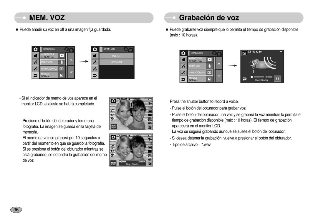 Samsung EC-I7ZZZBBB/PT, EC-I7ZZZBBA/DE, EC-I7ZZZSBB/DE, EC-I7ZZZBBC/E1, EC-I7ZZZSBE/SP manual Mem. Voz, Grabación de voz 