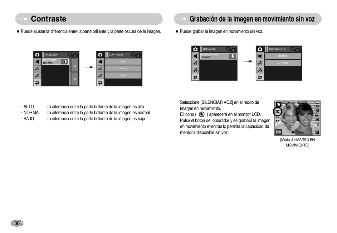 Samsung EC-I7ZZZSBB/GB, EC-I7ZZZBBA/DE, EC-I7ZZZSBB/DE manual Contraste, Puede grabar la imagen en movimiento sin voz 