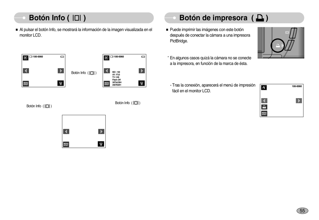 Samsung EC-I7ZZZBBA/SP, EC-I7ZZZBBA/DE, EC-I7ZZZSBB/DE, EC-I7ZZZBBC/E1, EC-I7ZZZSBE/SP manual Botón Info, Botón de impresora 