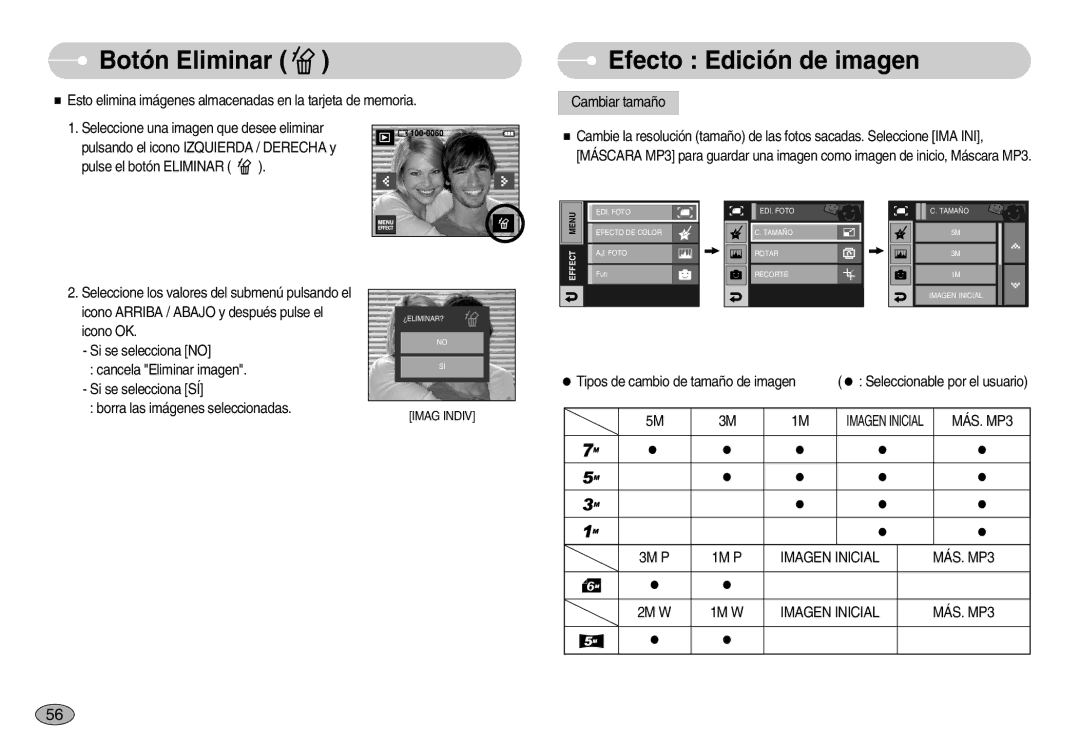 Samsung EC-I7ZZZSBA/SP, EC-I7ZZZBBA/DE manual Botón Eliminar, Efecto Edición de imagen, Imagen Inicial MÁS. MP3 