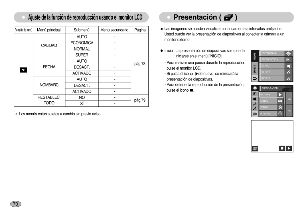 Samsung EC-I7ZZZBBA/SP, EC-I7ZZZBBA/DE, EC-I7ZZZSBB/DE manual Presentación, Auto Calidad Economica Normal, Super Auto, Todo 