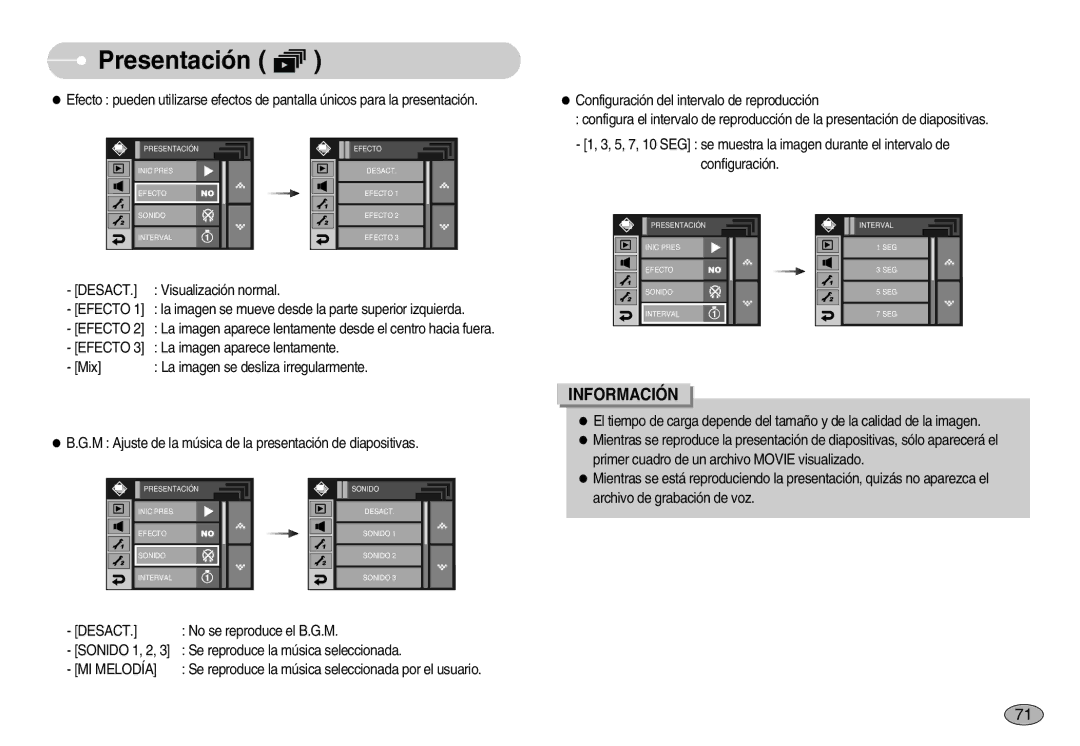 Samsung EC-I7ZZZSBA/SP manual No se reproduce el B.G.M, Sonido 1, 2, 3 Se reproduce la música seleccionada, MI Melodía 