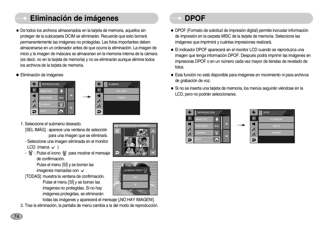 Samsung EC-I7ZZZBBA/DE, EC-I7ZZZSBB/DE, EC-I7ZZZBBC/E1, EC-I7ZZZSBE/SP, EC-I7ZZZSBB/PT manual Eliminación de imágenes, Dpof 