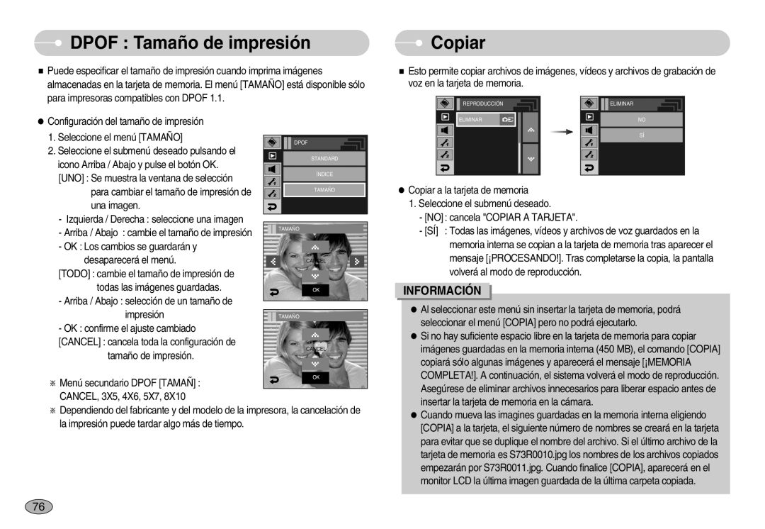 Samsung EC-I7ZZZBBC/E1, EC-I7ZZZBBA/DE, EC-I7ZZZSBB/DE, EC-I7ZZZSBE/SP, EC-I7ZZZSBB/PT manual Dpof Tamaño de impresión, Copiar 