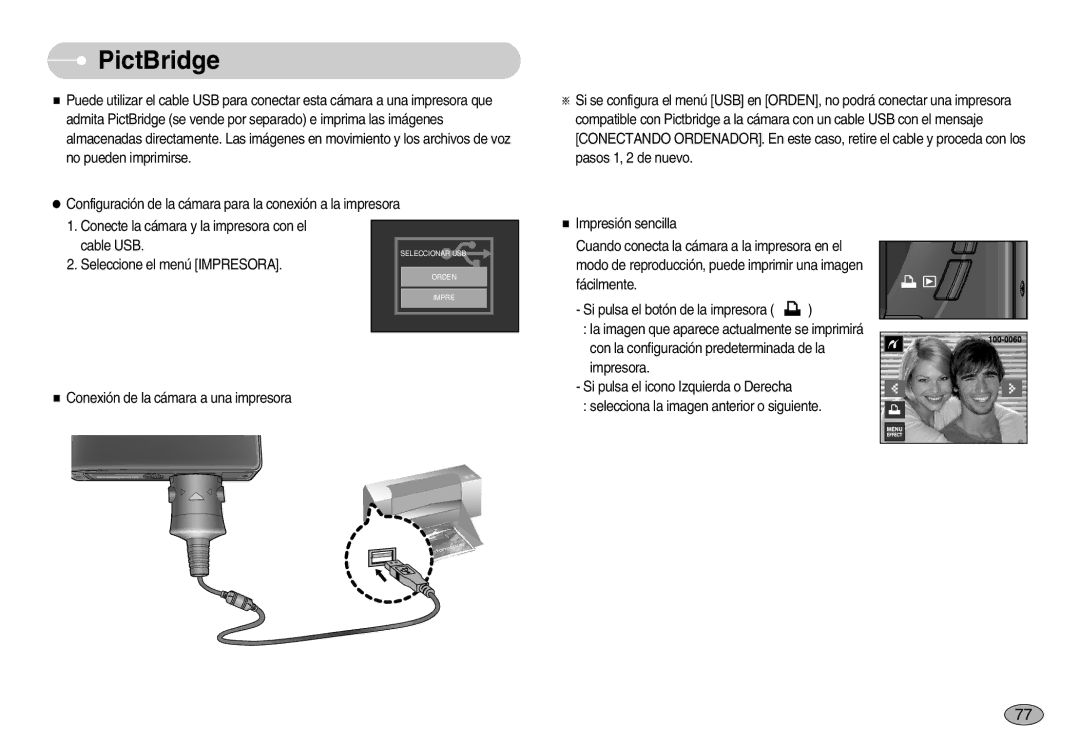 Samsung EC-I7ZZZSBE/SP, EC-I7ZZZBBA/DE, EC-I7ZZZSBB/DE, EC-I7ZZZBBC/E1 manual PictBridge, Seleccione el menú Impresora 