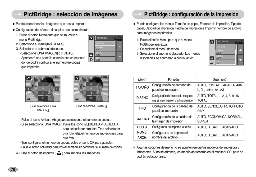 Samsung EC-I7ZZZSBB/PT, EC-I7ZZZBBA/DE, EC-I7ZZZSBB/DE, EC-I7ZZZBBC/E1, EC-I7ZZZSBE/SP manual PictBridge selección de imágenes 