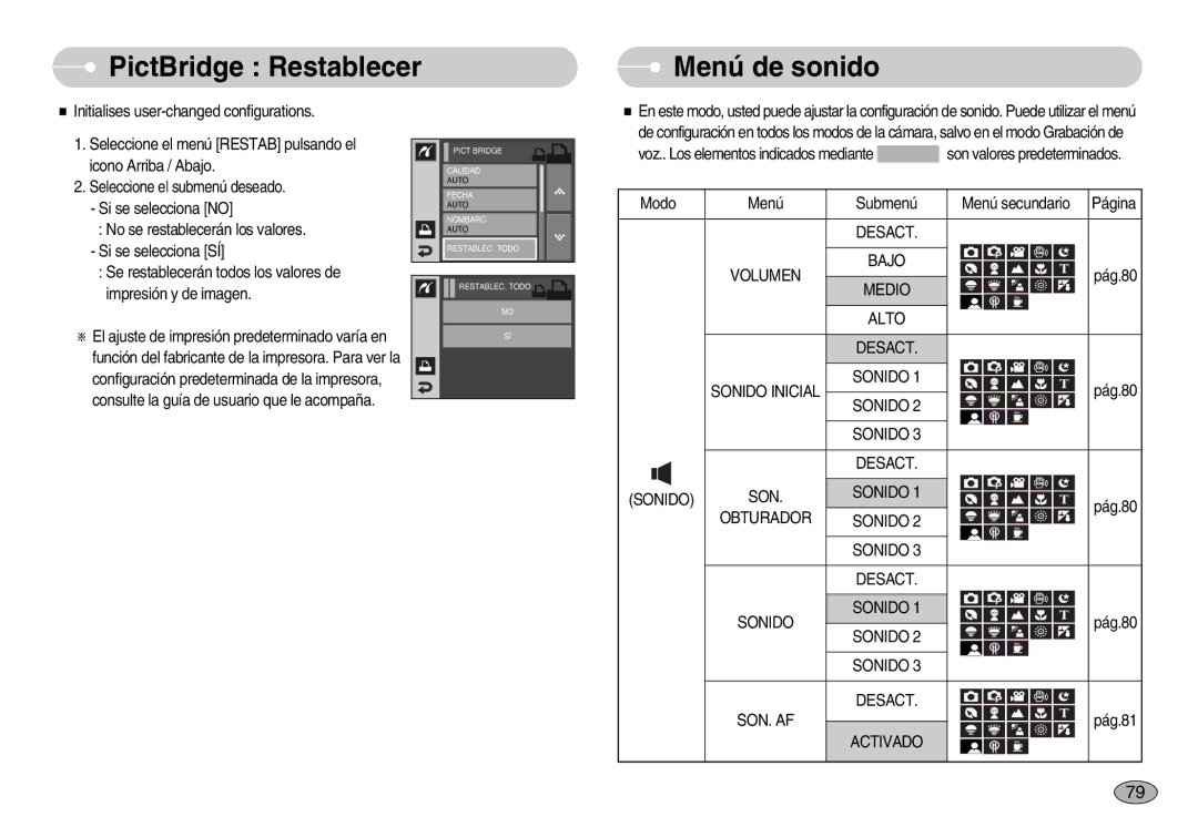 Samsung EC-I7ZZZBBE/SP, EC-I7ZZZBBA/DE, EC-I7ZZZSBB/DE, EC-I7ZZZBBC/E1, EC-I7ZZZSBE/SP PictBridge Restablecer, Menú de sonido 