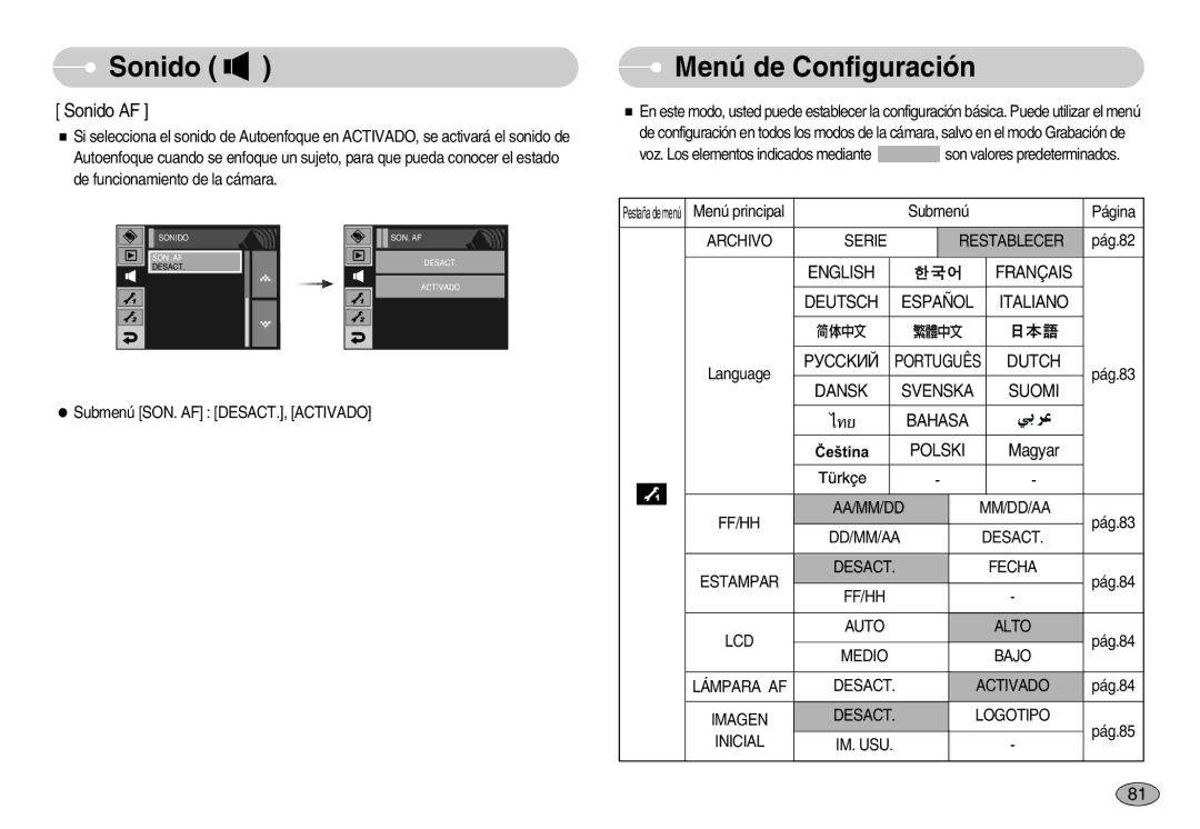 Samsung EC-I7ZZZBBB/PT, EC-I7ZZZBBA/DE, EC-I7ZZZSBB/DE, EC-I7ZZZBBC/E1, EC-I7ZZZSBE/SP manual Menú de Configuración, Sonido AF 