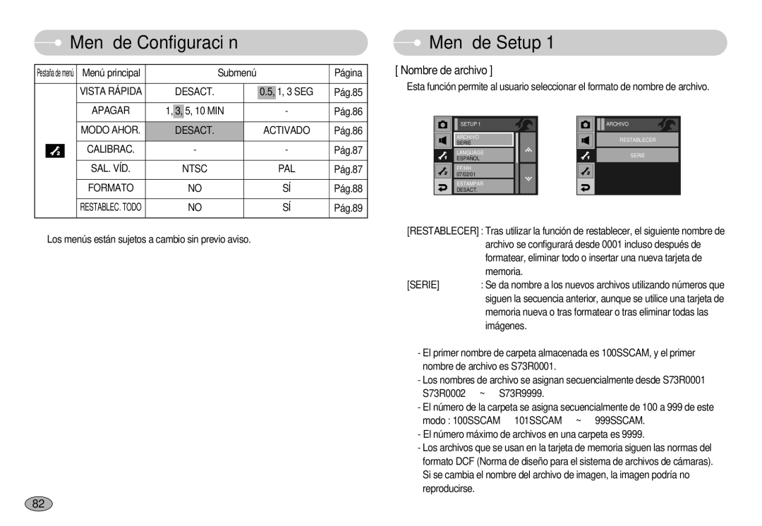 Samsung EC-I7ZZZSBD/AS, EC-I7ZZZBBA/DE, EC-I7ZZZSBB/DE, EC-I7ZZZBBC/E1, EC-I7ZZZSBE/SP manual Menú de Setup, Nombre de archivo 