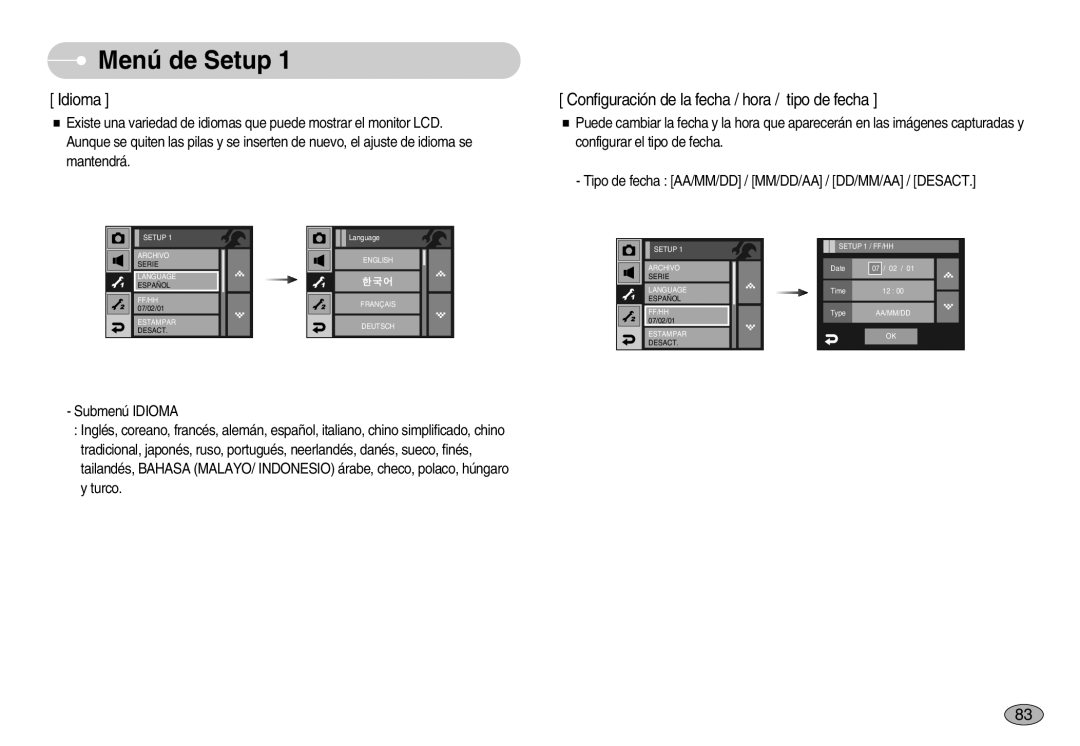 Samsung EC-I7ZZZSBB/GB, EC-I7ZZZBBA/DE, EC-I7ZZZSBB/DE manual Idioma, Configuración de la fecha / hora / tipo de fecha 