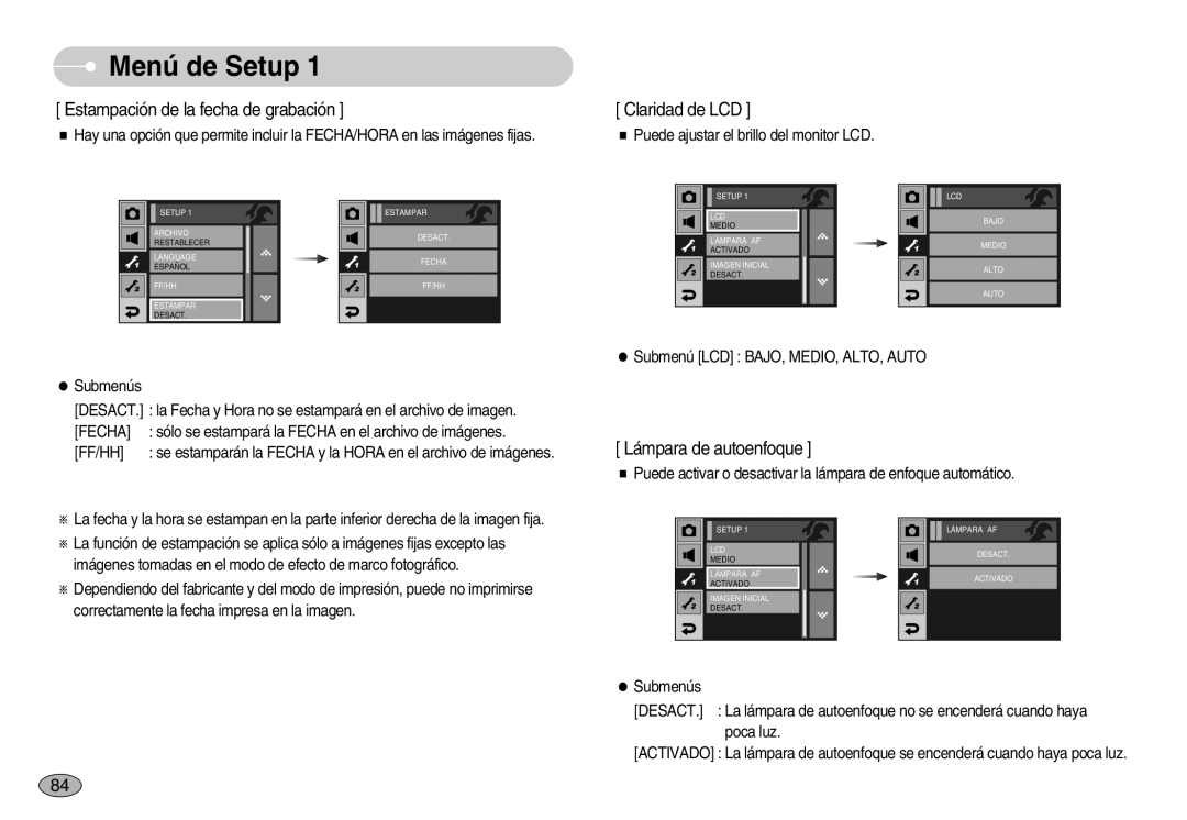 Samsung EC-I7ZZZSBD/E1 manual Estampación de la fecha de grabación, Claridad de LCD, Lámpara de autoenfoque, Ff/Hh 