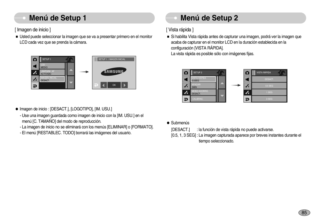 Samsung EC-I7ZZZBBA/SP, EC-I7ZZZBBA/DE manual Imagen de inicio, Vista rápida, La función de vista rápida no puede activarse 