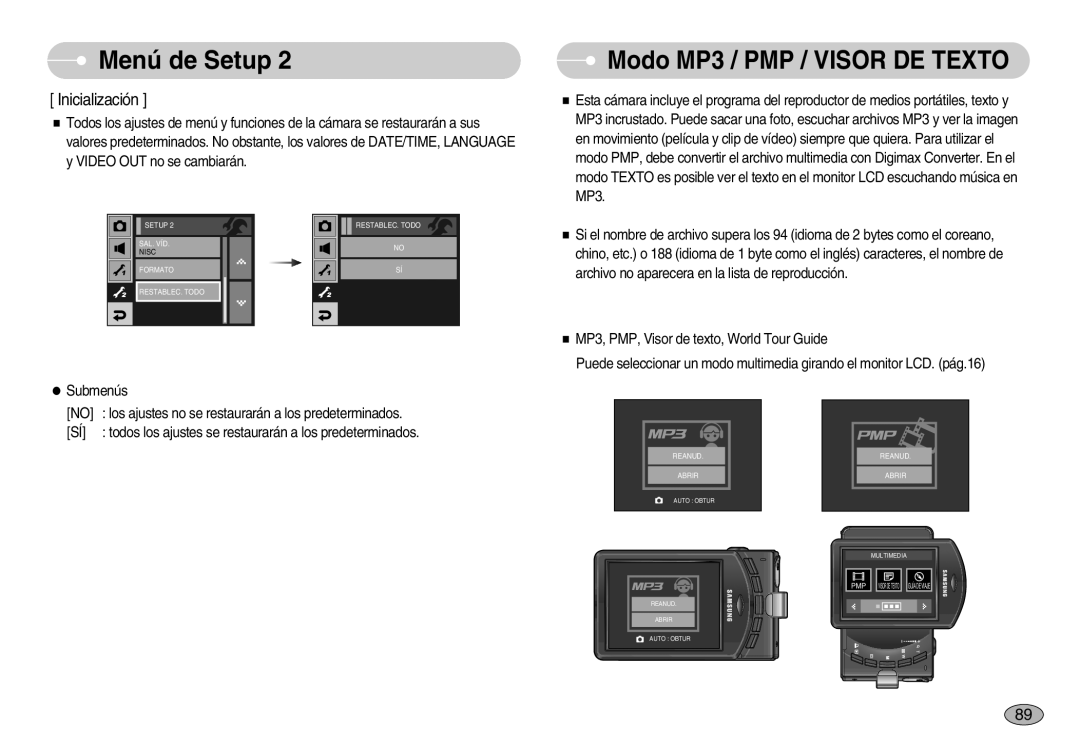 Samsung EC-I7ZZZBBA/DE, EC-I7ZZZSBB/DE, EC-I7ZZZBBC/E1, EC-I7ZZZSBE/SP manual Modo MP3 / PMP / Visor DE Texto, Inicialización 