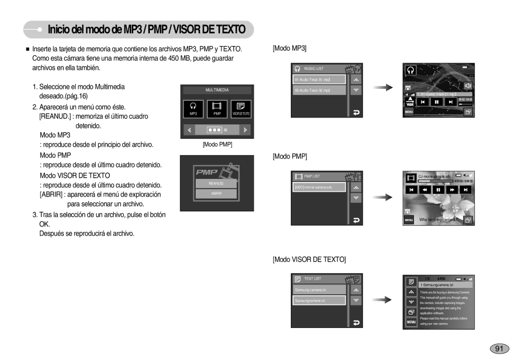 Samsung EC-I7ZZZBBC/E1, EC-I7ZZZBBA/DE, EC-I7ZZZSBB/DE, EC-I7ZZZSBE/SP, EC-I7ZZZSBB/PT manual Modo PMP, Modo Visor DE Texto 