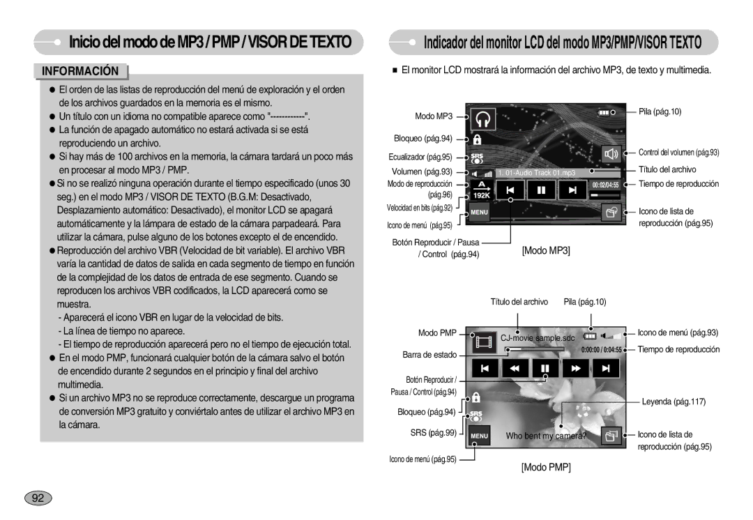 Samsung EC-I7ZZZSBE/SP, EC-I7ZZZBBA/DE, EC-I7ZZZSBB/DE, EC-I7ZZZBBC/E1 manual Inicio del modo de MP3 / PMP / Visor DE Texto 