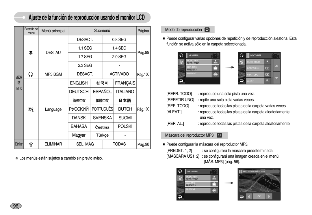 Samsung EC-I7ZZZBBB/PT Des. Au, MP3 BGM Desact Activado, English Français, Deutsch Español Italiano, REPR. Todo, REP. Todo 