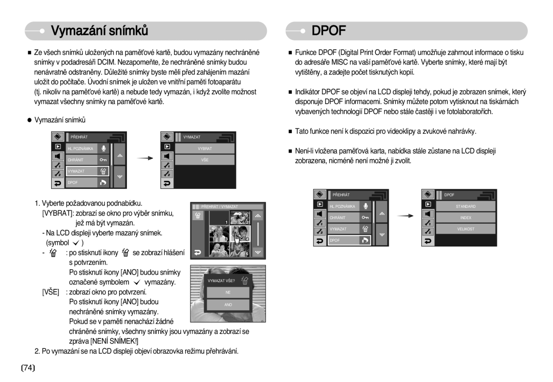 Samsung EC-I7ZZZSBB/DE, EC-I7ZZZBBA/DE manual Vymazání snímkÛ, Dpof 