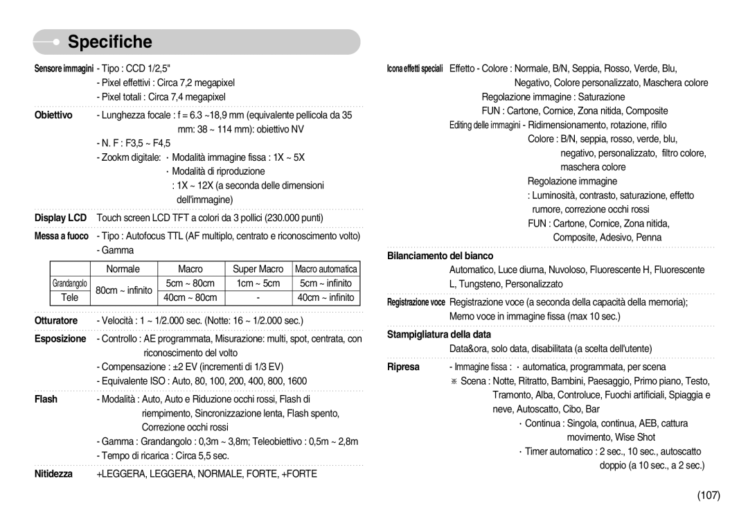 Samsung STW-I7S, EC-I7ZZZBBA/DE, EC-I7ZZZSBB/E1, EC-I7ZZZSBB/DE manual Specifiche, +Leggera, Leggera, Normale, Forte, +Forte 