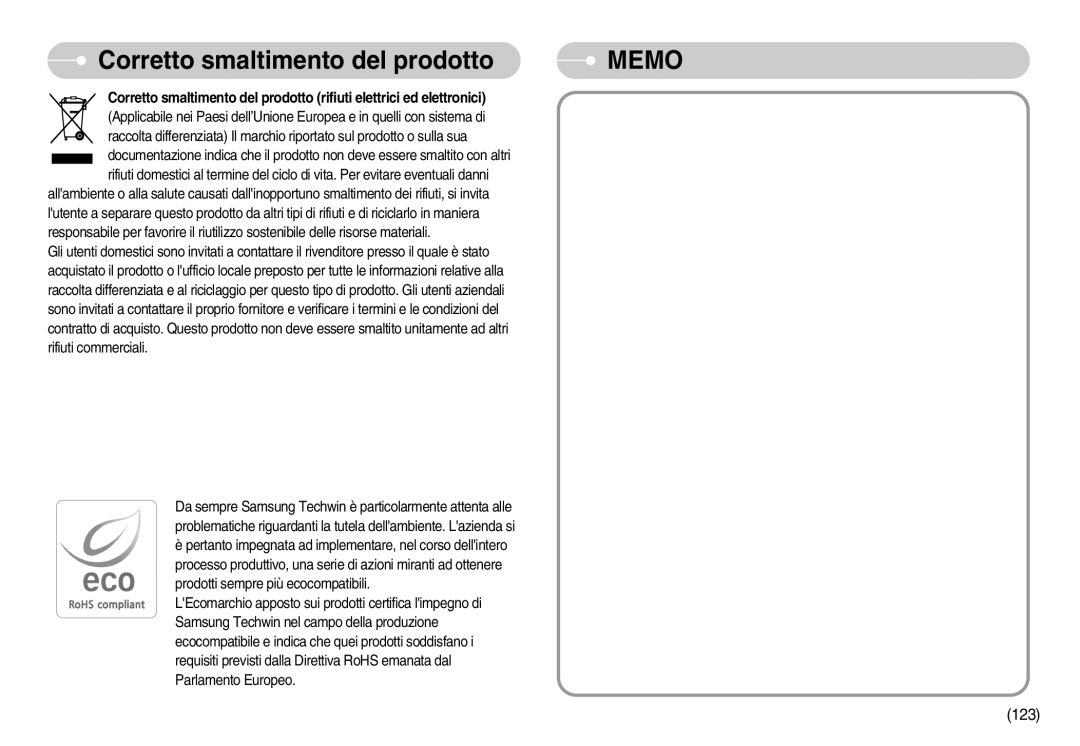 Samsung EC-I7ZZZSBB/IT, EC-I7ZZZBBA/DE, EC-I7ZZZSBB/E1, EC-I7ZZZSBB/DE, STW-I7S manual Corretto smaltimento del prodotto, Memo 