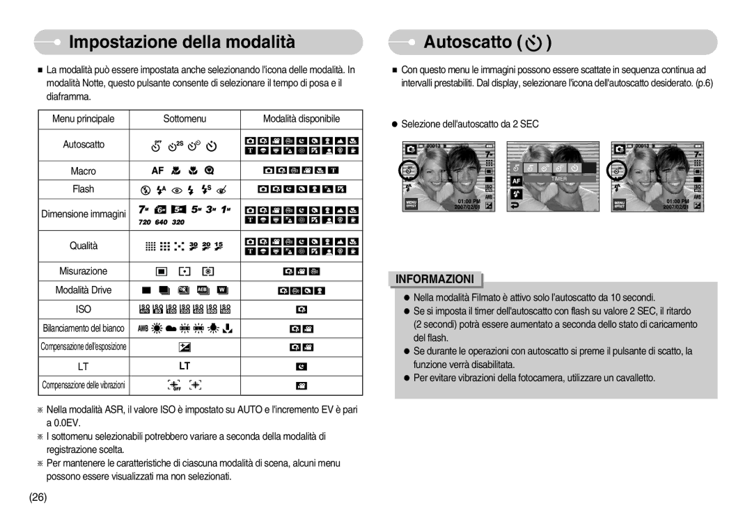 Samsung EC-I7ZZZSBA/IT, EC-I7ZZZBBA/DE, EC-I7ZZZSBB/E1, EC-I7ZZZSBB/DE, STW-I7S manual Impostazione della modalità, Autoscatto 