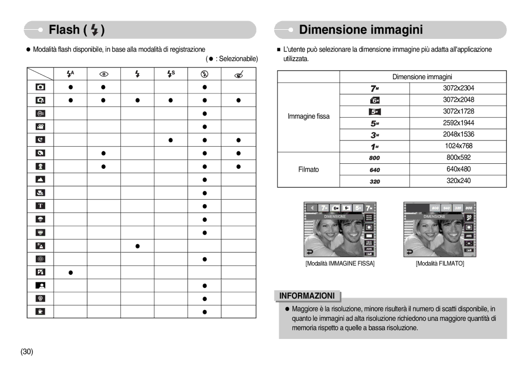 Samsung EC-I7ZZZSBB/E1, EC-I7ZZZBBA/DE, EC-I7ZZZSBB/DE, EC-I7ZZZBBA/IT, EC-I7ZZZSBB/IT, STW-I7S manual Flash Dimensione immagini 