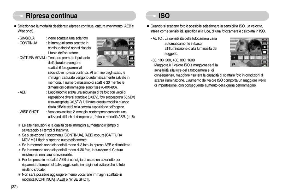 Samsung EC-I7ZZZBBA/IT, EC-I7ZZZBBA/DE, EC-I7ZZZSBB/E1, EC-I7ZZZSBB/DE Ripresa continua, Singola, Continua, Aeb, Wise Shot 