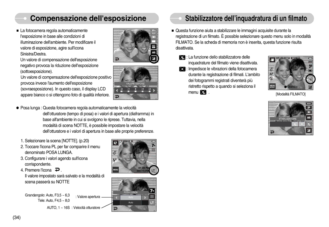 Samsung EC-I7ZZZBBC/E1, EC-I7ZZZBBA/DE manual Compensazione dellesposizione, Stabilizzatore dell’inquadratura di un filmato 