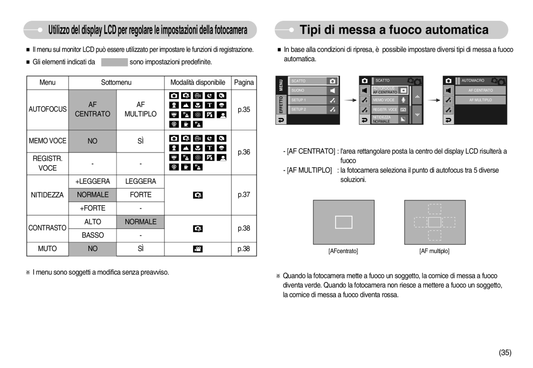 Samsung EC-I7ZZZSBC/IT, STW-I7S Tipi di messa a fuoco automatica, Autofocus Centrato Multiplo, Alto Normale Basso Muto 