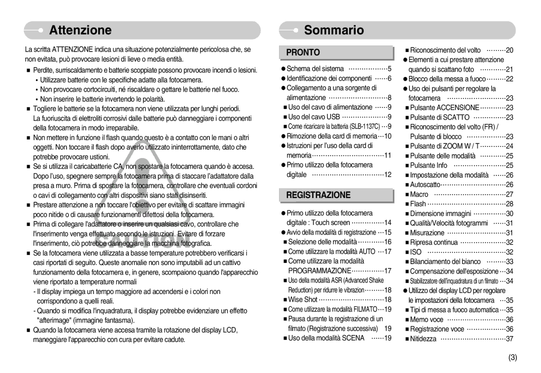 Samsung EC-I7ZZZSBB/IT, EC-I7ZZZBBA/DE, EC-I7ZZZSBB/E1, EC-I7ZZZSBB/DE, STW-I7S manual Attenzione Sommario, Programmazione, Iso 