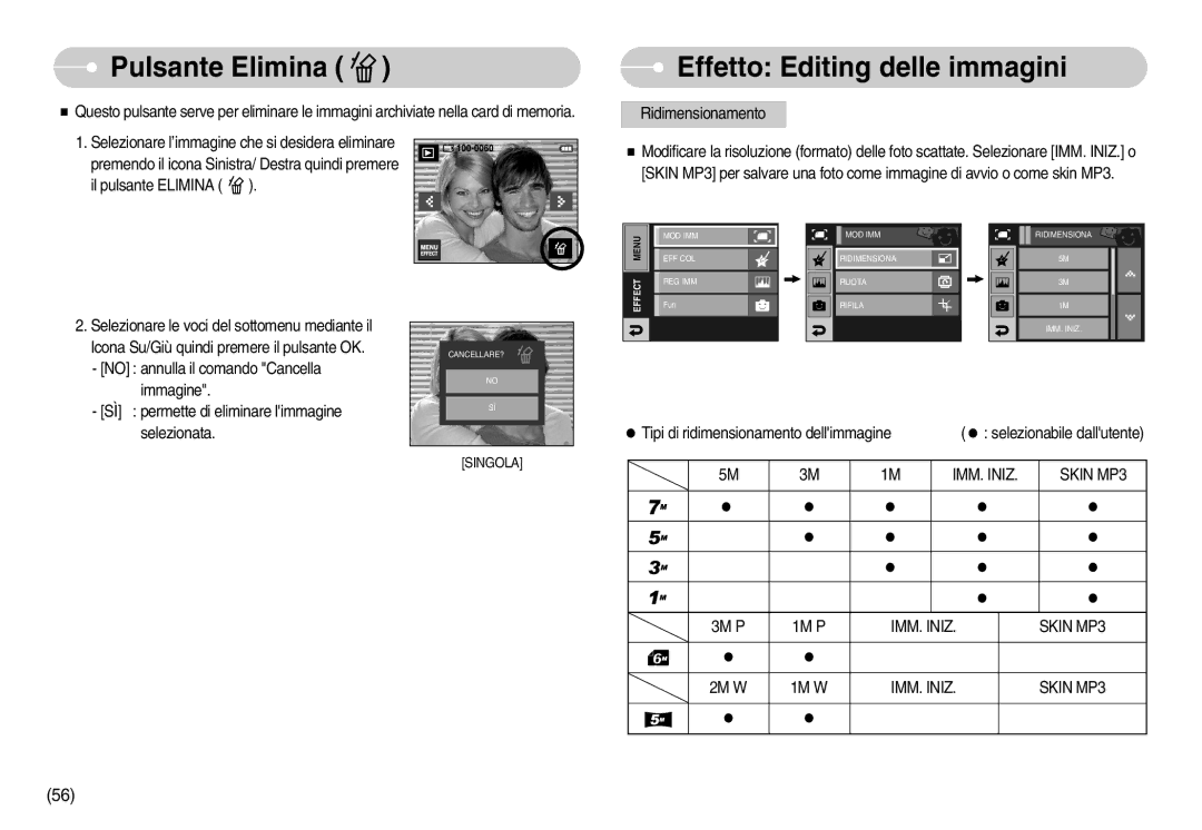 Samsung EC-I7ZZZSBA/IT, EC-I7ZZZBBA/DE, EC-I7ZZZSBB/E1 Pulsante Elimina, Effetto Editing delle immagini, IMM. Iniz Skin MP3 