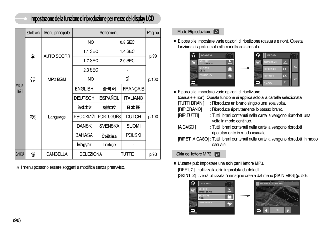 Samsung EC-I7ZZZSBA/IT Auto Scorr, MP3 BGM, English Français, Deutsch Español Italiano, Dutch, Cancella Seleziona Tutte 