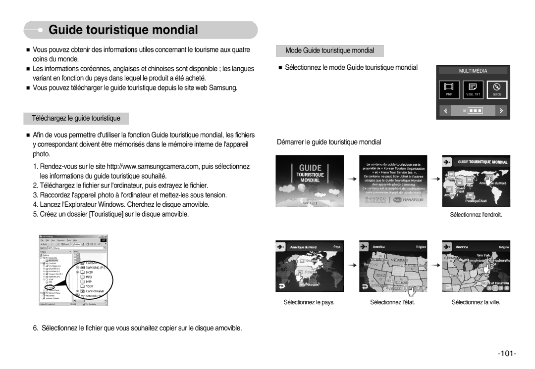 Samsung EC-I7ZZZSBC/E2, EC-I7ZZZBBA/E1, EC-I7ZZZBBA/FR, EC-I7ZZZBBC/E2, EC-I7ZZZSBA/FR manual Guide touristique mondial, 101 