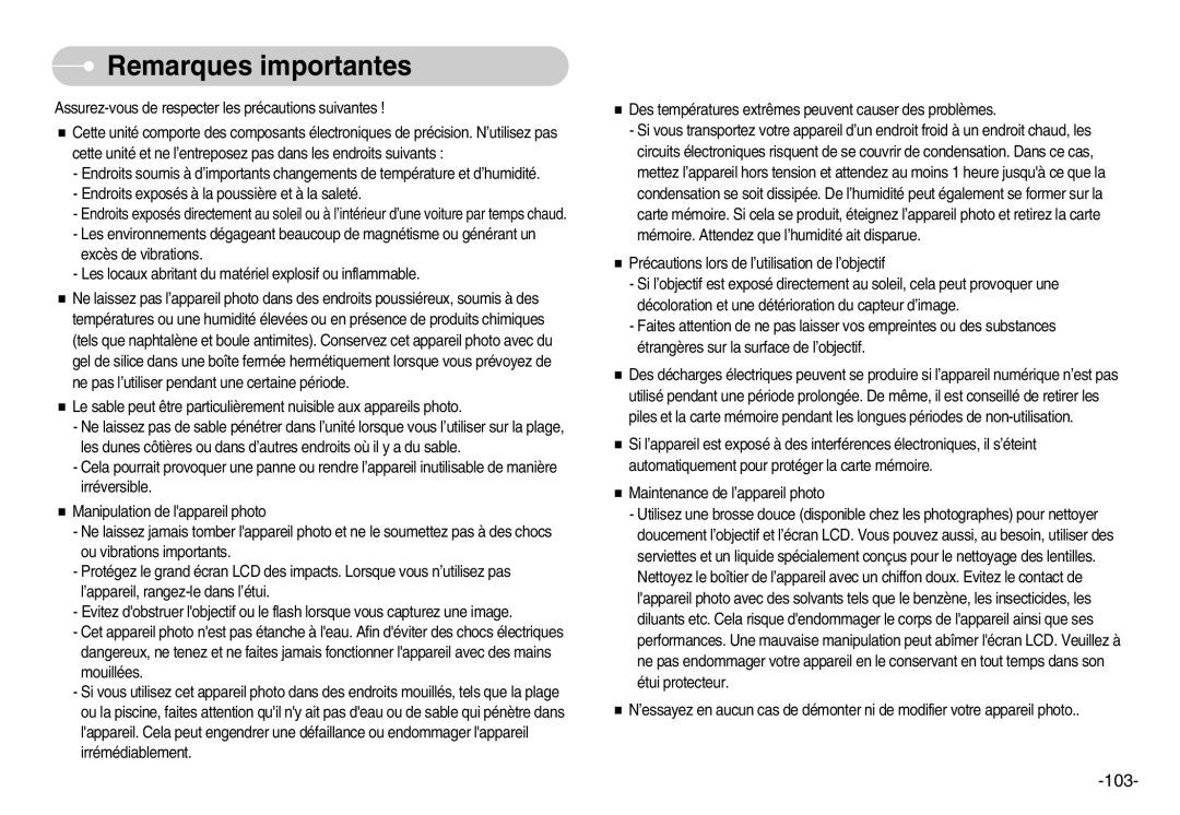 Samsung EC-I7ZZZBBB/FR, EC-I7ZZZBBA/E1, EC-I7ZZZBBA/FR, EC-I7ZZZBBC/E2, EC-I7ZZZSBC/E2 manual Remarques importantes, 103 