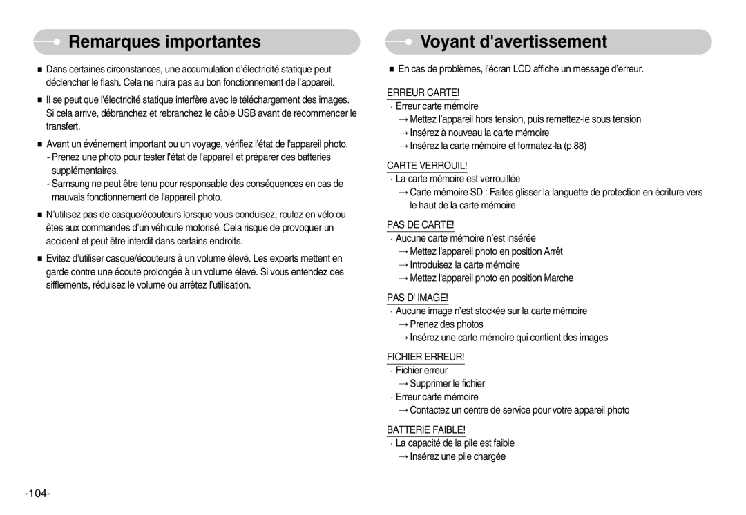 Samsung EC-I7ZZZBBA/DE, EC-I7ZZZBBA/E1, EC-I7ZZZBBA/FR, EC-I7ZZZBBC/E2, EC-I7ZZZSBC/E2 manual Voyant davertissement, 104 