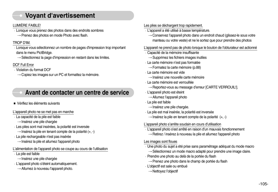 Samsung EC-I7ZZZSBB/E1, EC-I7ZZZBBA/E1, EC-I7ZZZBBA/FR, EC-I7ZZZBBC/E2, EC-I7ZZZSBC/E2 manual 105, Lumière Faible, Trop DIM 