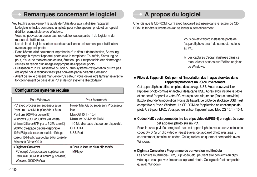 Samsung EC-I7ZZZBBA/FR, EC-I7ZZZBBA/E1, EC-I7ZZZBBC/E2 Remarques concernant le logiciel, Propos du logiciel, 110, Cd Rom 