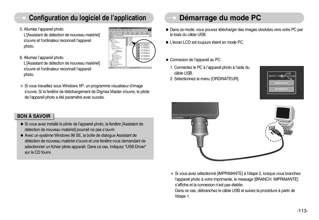 Samsung EC-I7ZZZSBA/FR, EC-I7ZZZBBA/E1, EC-I7ZZZBBA/FR, EC-I7ZZZBBC/E2, EC-I7ZZZSBC/E2 manual Démarrage du mode PC, 113 